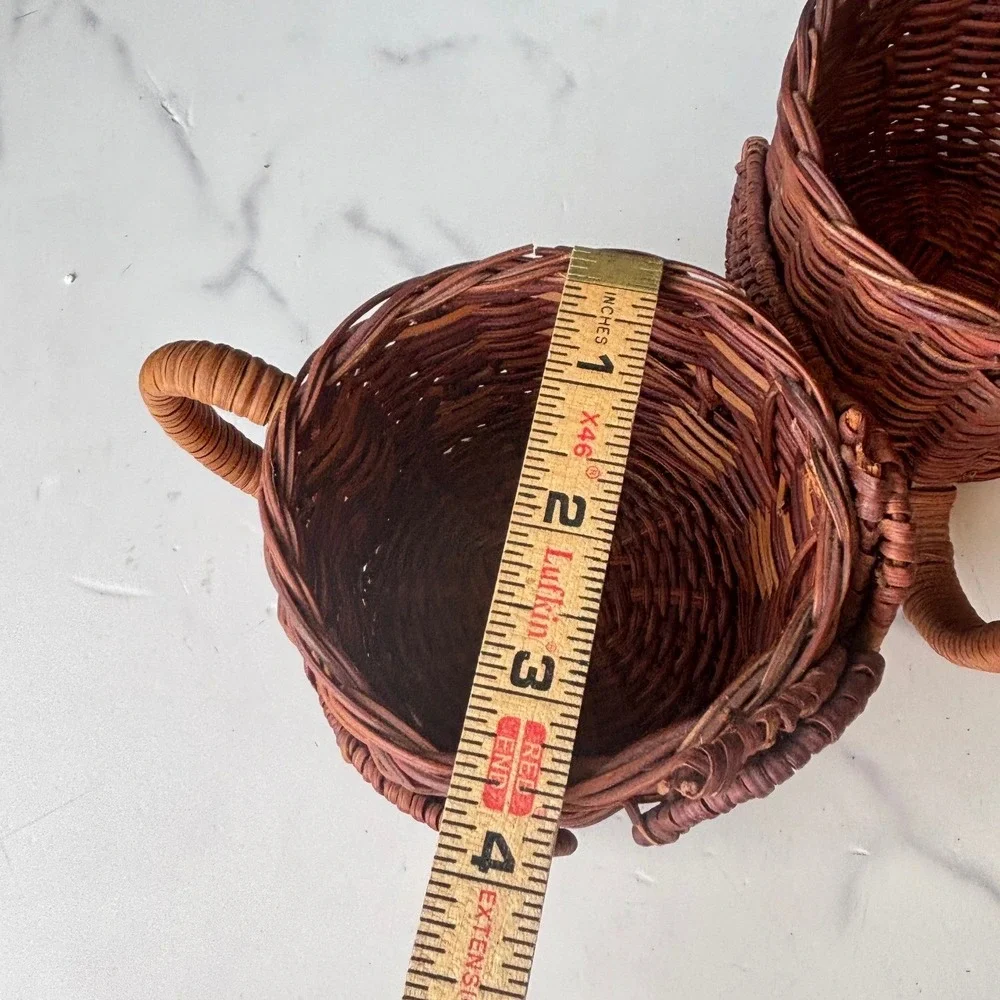 Vintage Owl Wicker Basket Cups Set of 2 Brown Woven Boho Storage Handles